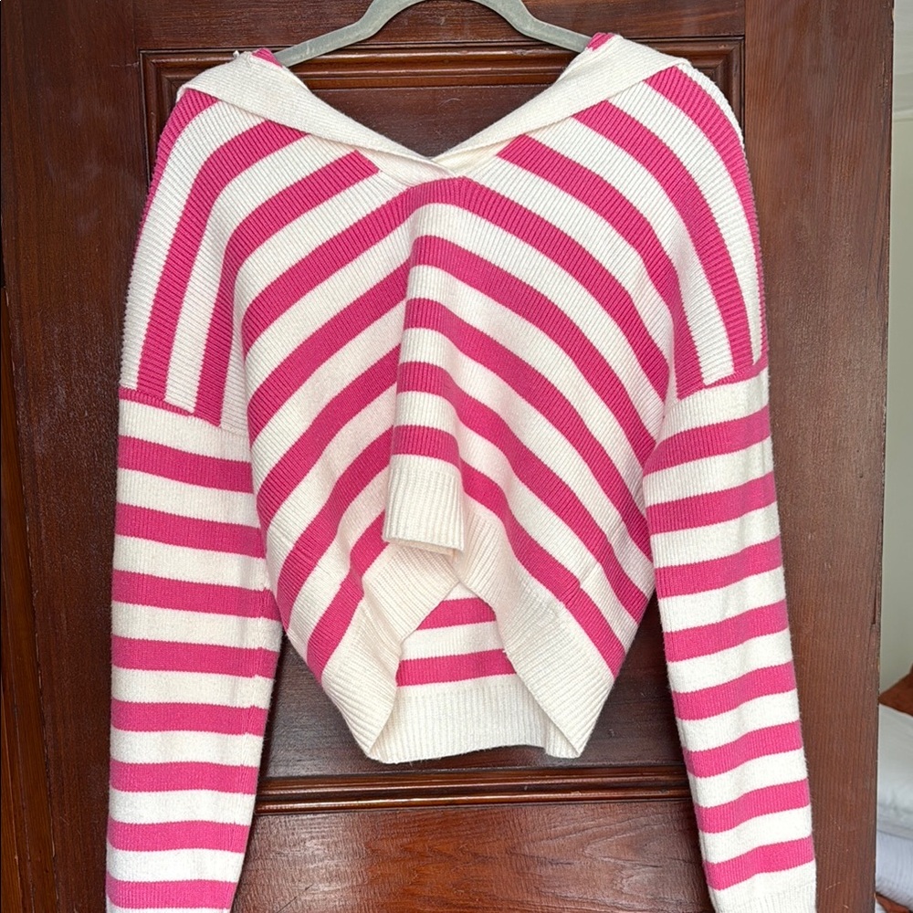 Pink and White Striped Women's Sweater